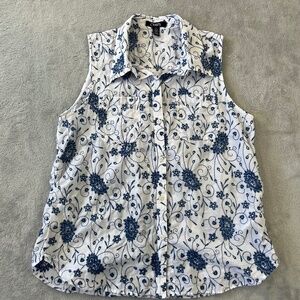 Chaps Sleeveless 100% Cotton Button Down Top Blue Floral Country Coastal EUC L